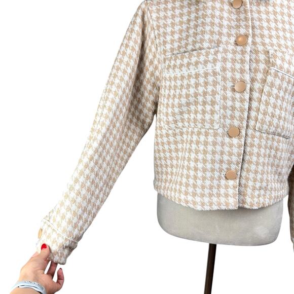 Anthropologie Dolan Tan White Houndstooth Knit Boxy Crop Jacket - Picture 10 of 16
